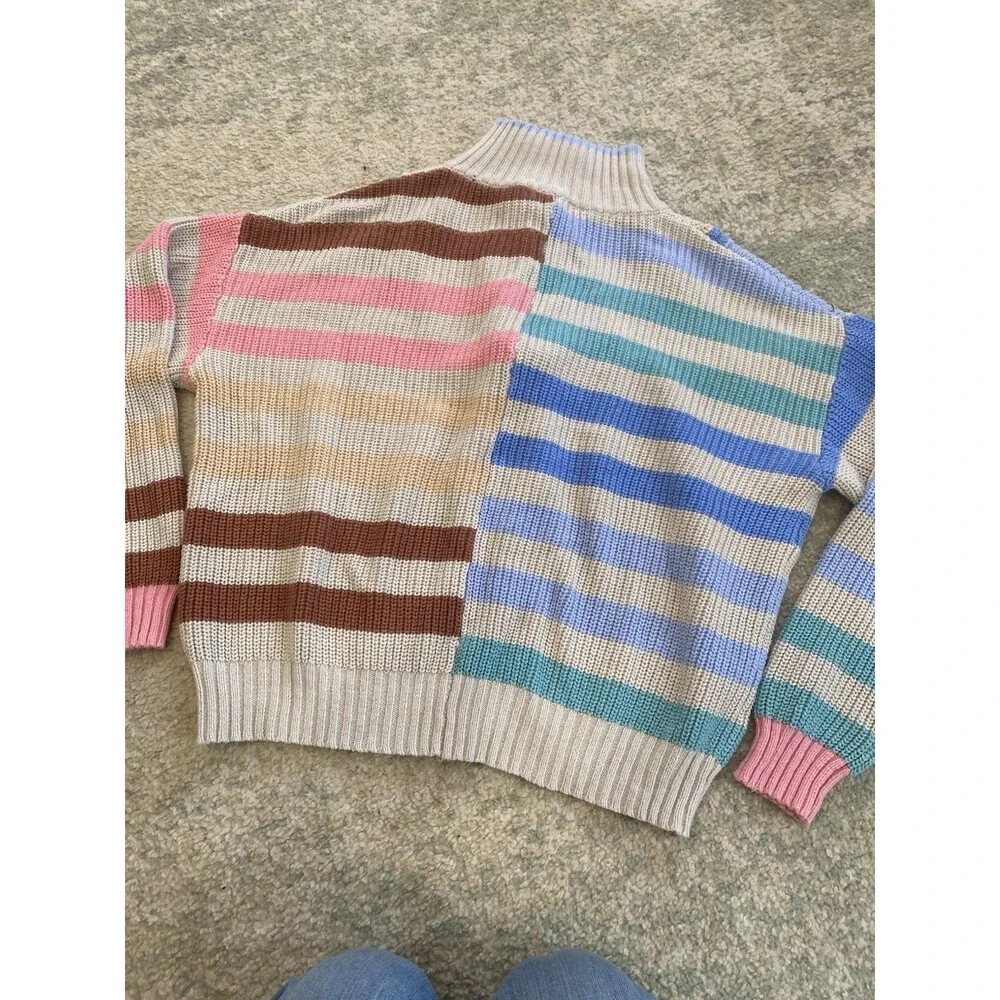 Flat White Size Small 80s Striped 1/4 Zip Sweater Oversized Hamptons East Coast